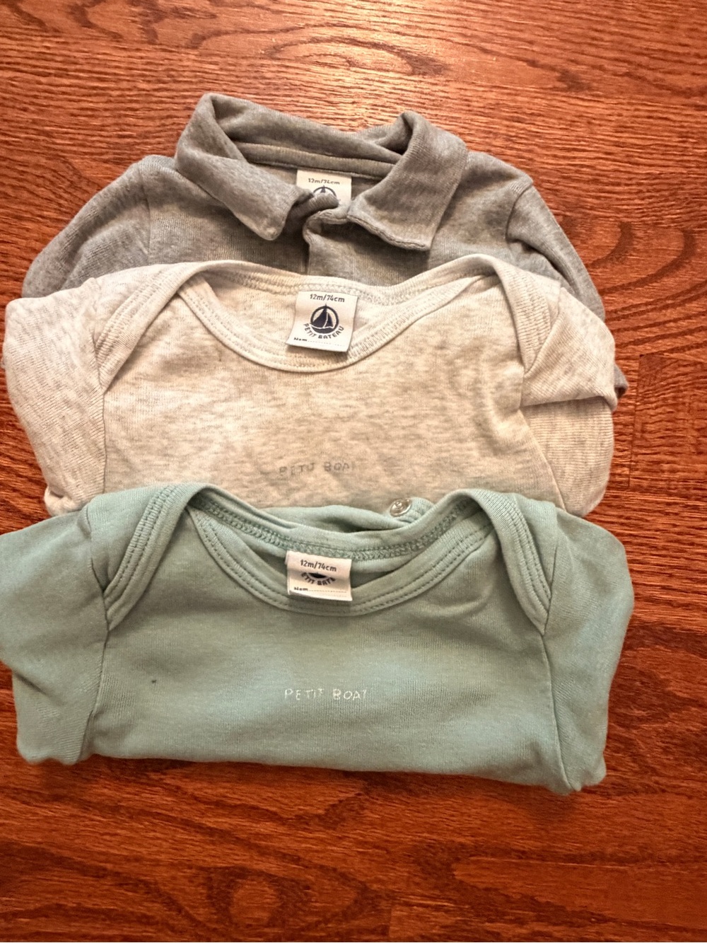 Petit Bateau Three-Pack Bodysuits in Gray, Light Gray and Sage Green